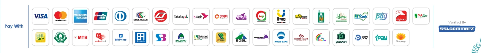 Payment methods reference including card networks and Bangladesh mobile financial services, with SSLCommerz verification artwork.